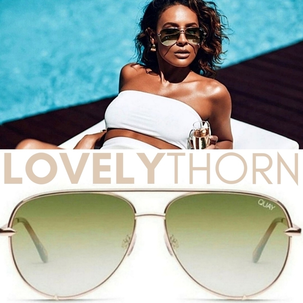 QUAY // ltd ed desi collab oversized rose gold frame green fade lens aviators